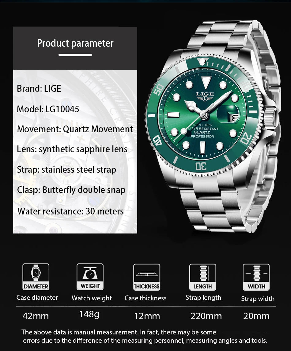 LIGE Top Brand Luxury Fashion Diver Watch Men 30ATM Waterproof Date Clock Sport Watches Mens Quartz Wristwatch Relogio Masculino