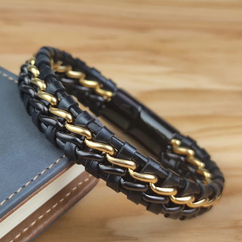 Genuine Leather Chain Bracelet for Men Magnetic Stainless Steel Clasp in Plated Gold Exclusive Jewellery Gift Wholesale Dropping