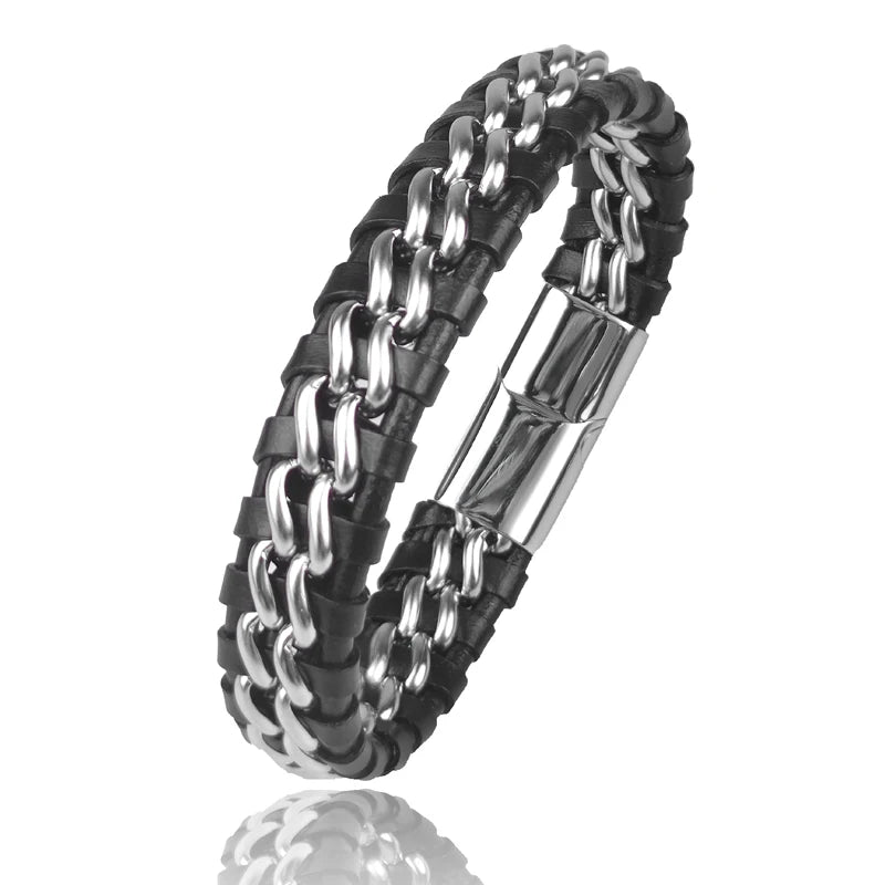Genuine Leather Chain Bracelet for Men Magnetic Stainless Steel Clasp in Plated Gold Exclusive Jewellery Gift Wholesale Dropping