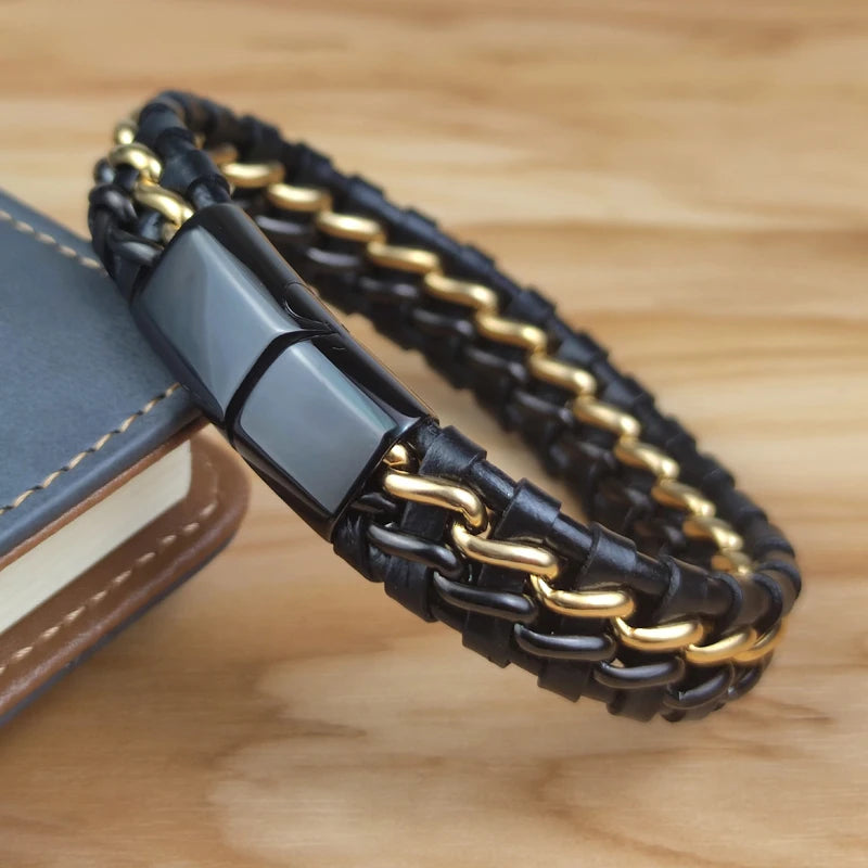 Genuine Leather Chain Bracelet for Men Magnetic Stainless Steel Clasp in Plated Gold Exclusive Jewellery Gift Wholesale Dropping