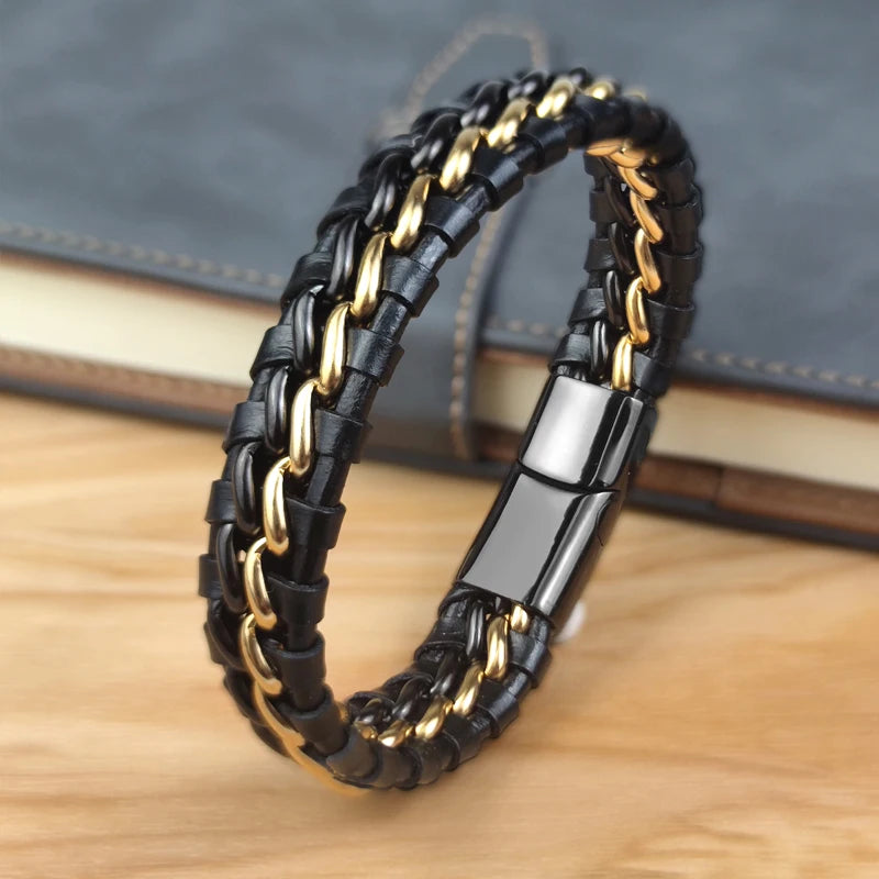 Genuine Leather Chain Bracelet for Men Magnetic Stainless Steel Clasp in Plated Gold Exclusive Jewellery Gift Wholesale Dropping