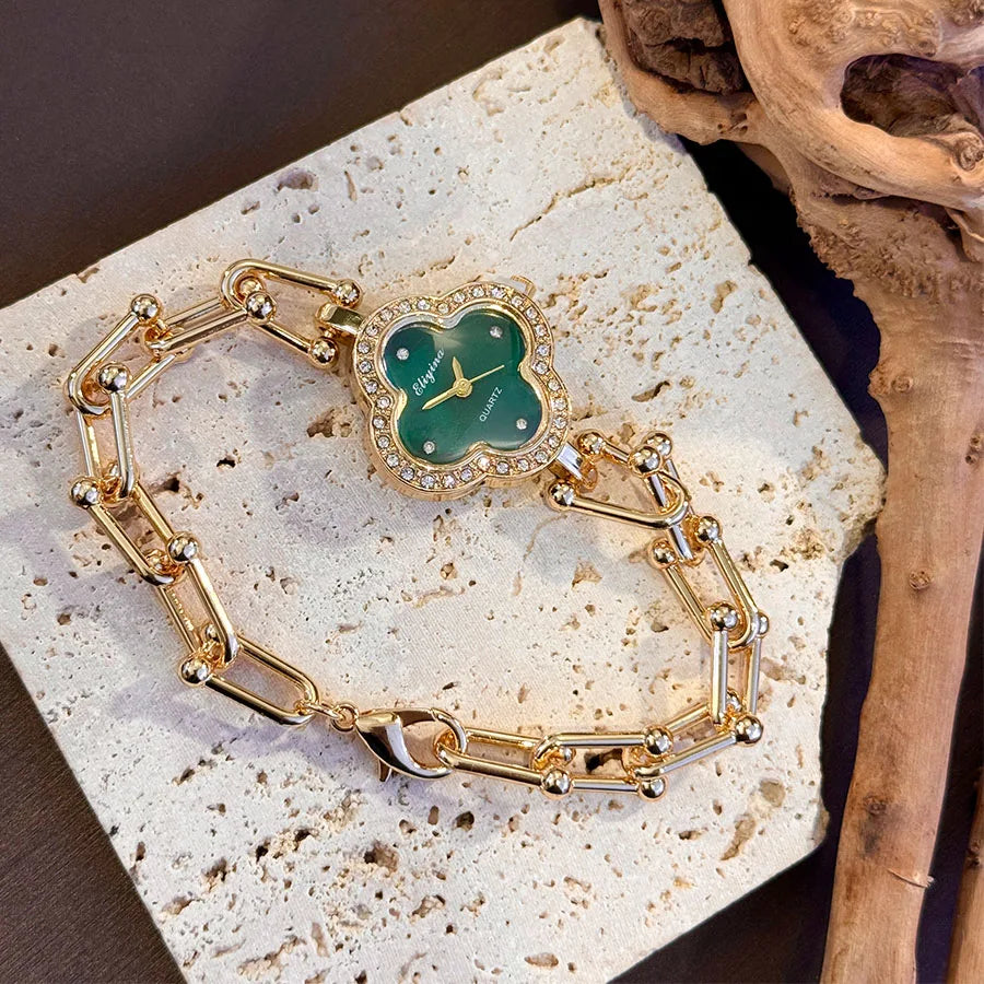Lucky Four-Leaf Clover Design Watches for Women, Featuring Gold Chains and Gem - Studded Bezels