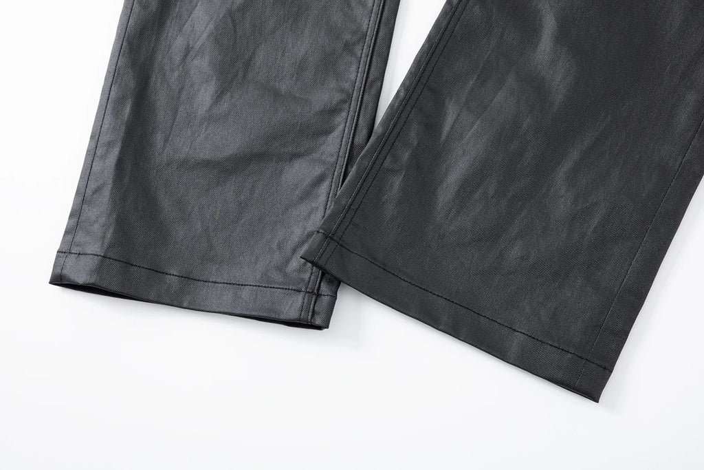 2026 Streetwear Fashion Tapered Leather Trousers Black Men American Brush Wax Coating Micro Elastic Slim Fit Straight Leg Pants
