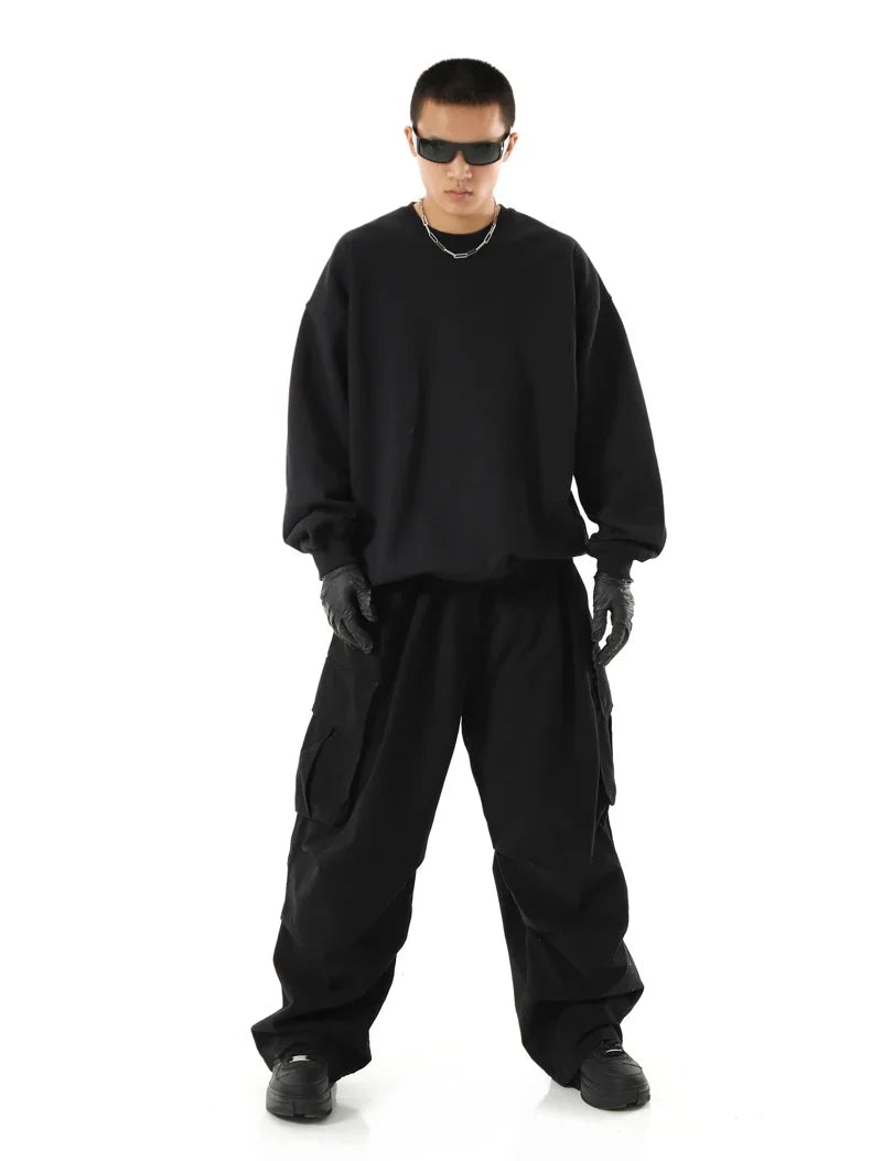 Streetwear Men's Workwear Wide Leg Pants Summer Autumn Loose High Street Black Cargo Trousers Men Vintage Multi-pocket Hooligan