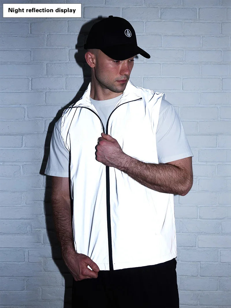 Hip-hop Streetwear Reflective Sleeveless Vest Men's Spring Summer Lightweight Stand Collar Night Running Dancing Outdoor Jacket