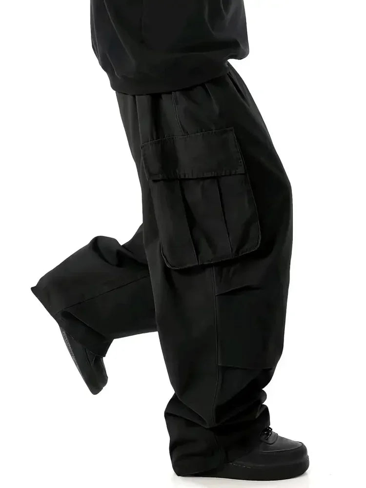 Streetwear Men's Workwear Wide Leg Pants Summer Autumn Loose High Street Black Cargo Trousers Men Vintage Multi-pocket Hooligan