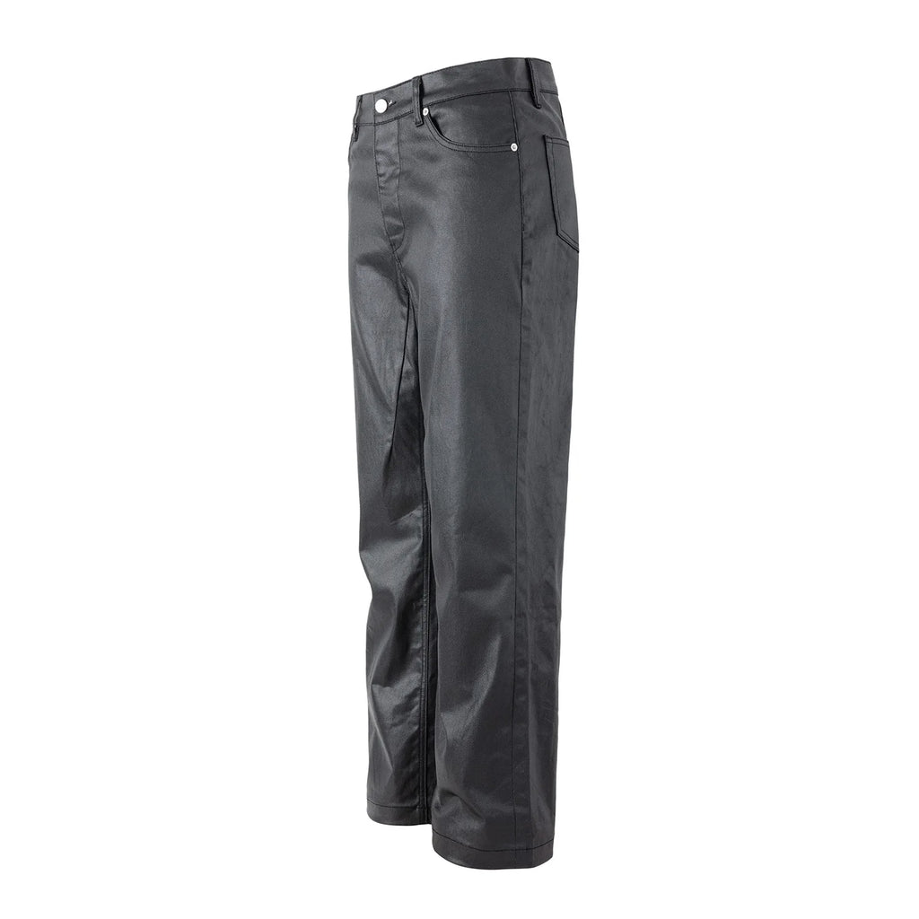 2026 Streetwear Fashion Tapered Leather Trousers Black Men American Brush Wax Coating Micro Elastic Slim Fit Straight Leg Pants