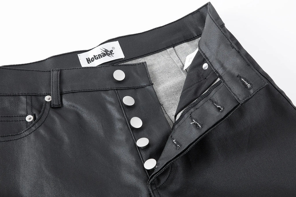 2026 Streetwear Fashion Tapered Leather Trousers Black Men American Brush Wax Coating Micro Elastic Slim Fit Straight Leg Pants