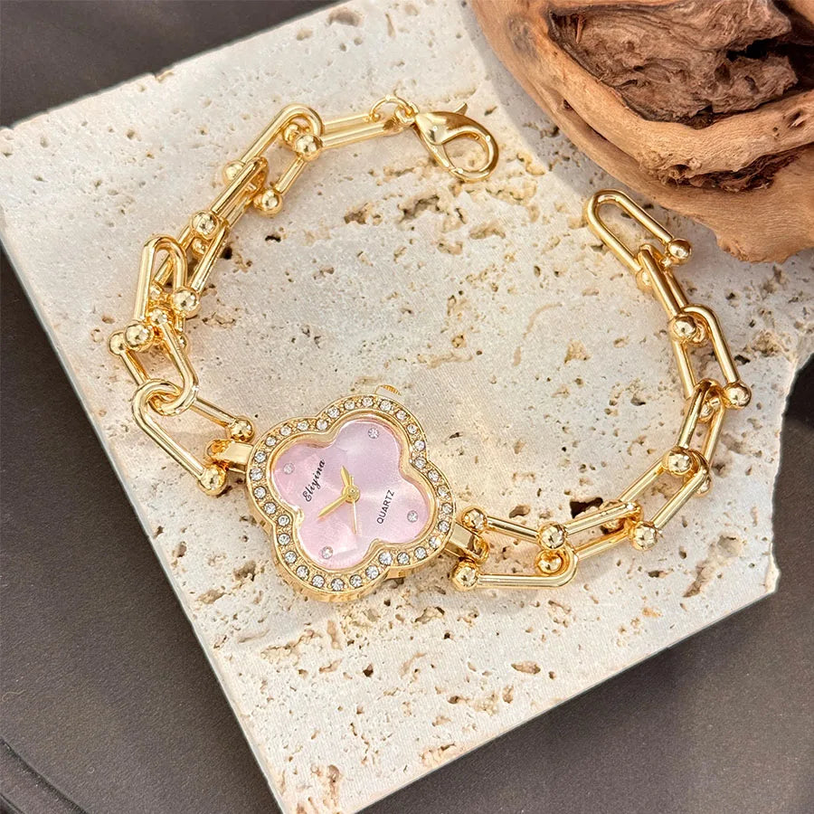 Lucky Four-Leaf Clover Design Watches for Women, Featuring Gold Chains and Gem - Studded Bezels