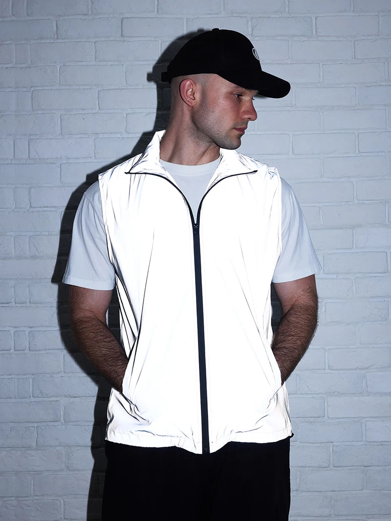 Hip-hop Streetwear Reflective Sleeveless Vest Men's Spring Summer Lightweight Stand Collar Night Running Dancing Outdoor Jacket