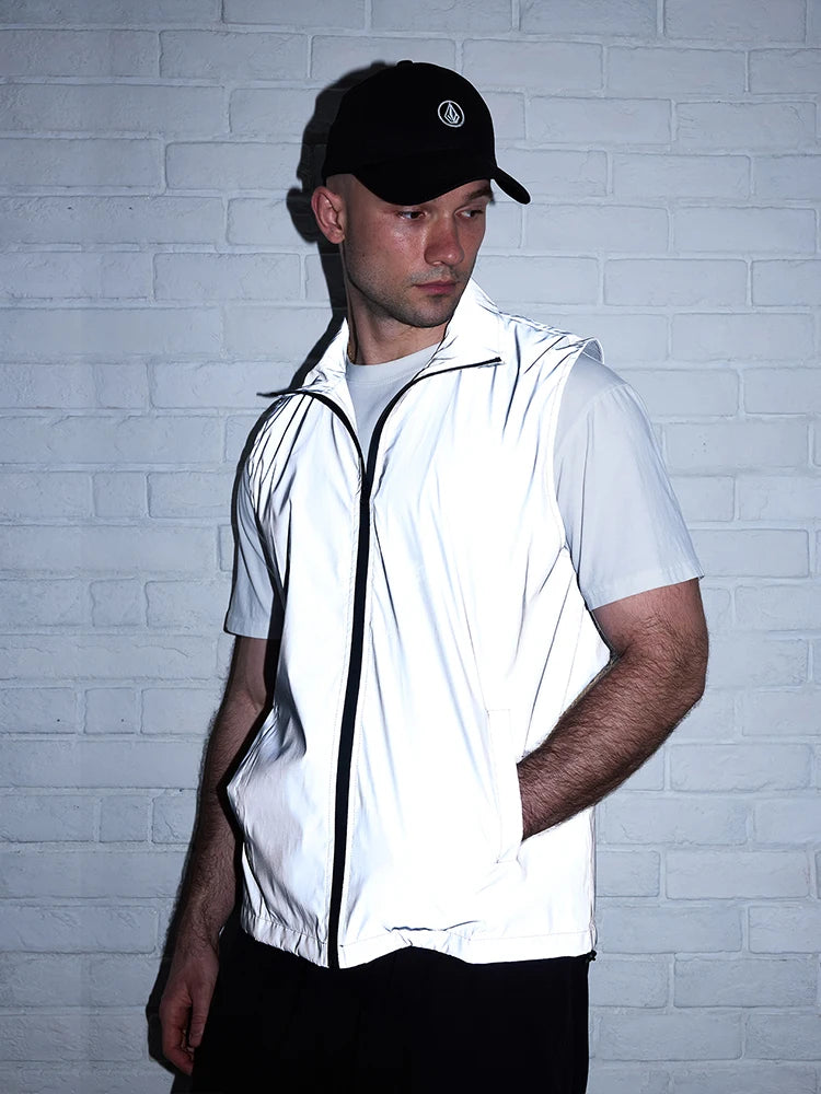 Hip-hop Streetwear Reflective Sleeveless Vest Men's Spring Summer Lightweight Stand Collar Night Running Dancing Outdoor Jacket