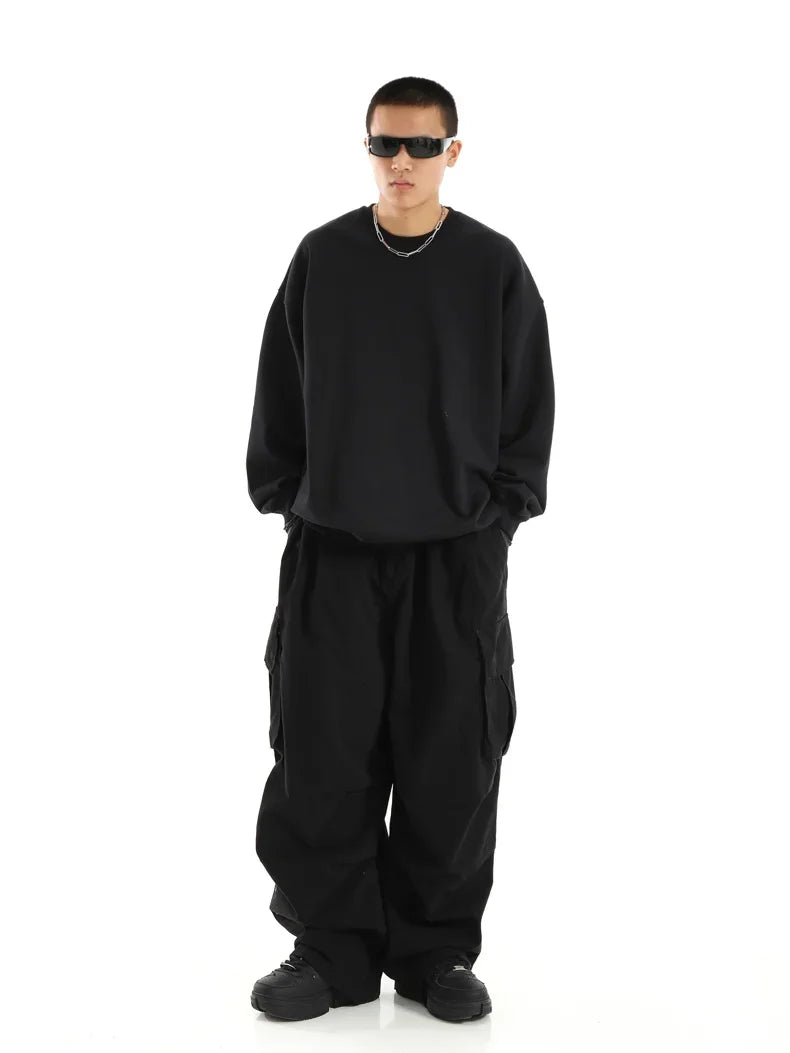Streetwear Men's Workwear Wide Leg Pants Summer Autumn Loose High Street Black Cargo Trousers Men Vintage Multi-pocket Hooligan