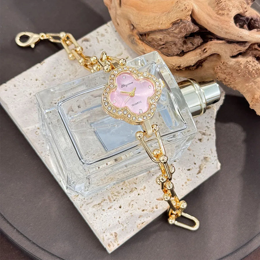 Lucky Four-Leaf Clover Design Watches for Women, Featuring Gold Chains and Gem - Studded Bezels