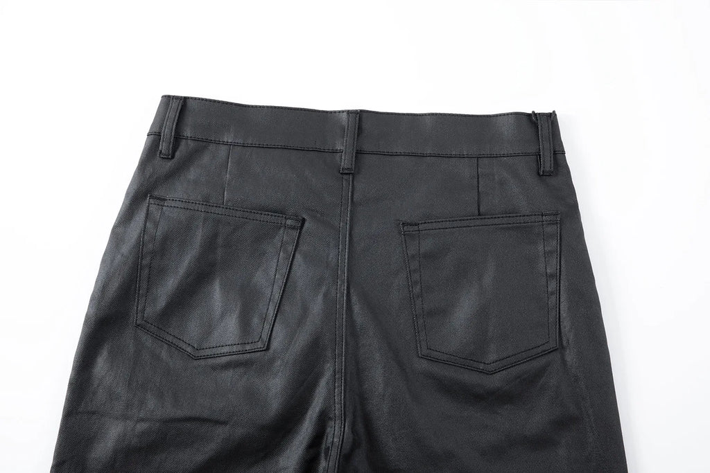 2026 Streetwear Fashion Tapered Leather Trousers Black Men American Brush Wax Coating Micro Elastic Slim Fit Straight Leg Pants