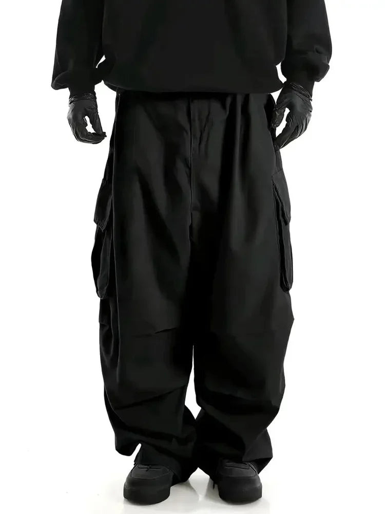 Streetwear Men's Workwear Wide Leg Pants Summer Autumn Loose High Street Black Cargo Trousers Men Vintage Multi-pocket Hooligan