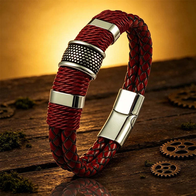 Men Bracelet High Quality Stainless Steel Red Braided Leather Wristband with Beads Magnetic Clasp Punk Jewelry Gift for Him