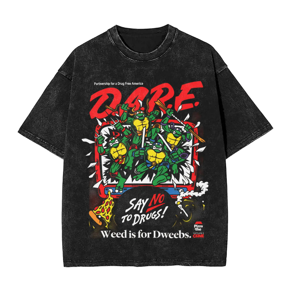 Streetwear Washed T-Shirt TMNT D.A.R.E. Just Say No Cotton T-Shirts  Hipster Tshirt for Men Summer Awesome Casual Tops