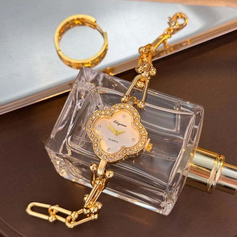 Lucky Four-Leaf Clover Design Watches for Women, Featuring Gold Chains and Gem - Studded Bezels