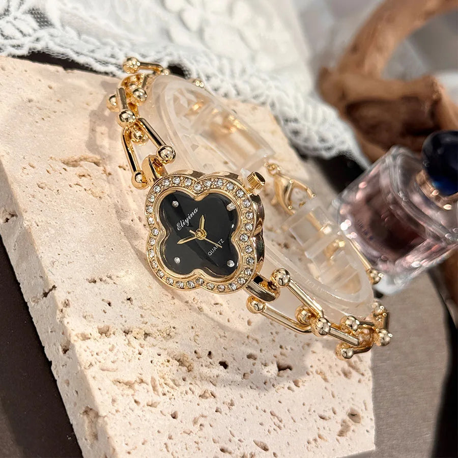 Lucky Four-Leaf Clover Design Watches for Women, Featuring Gold Chains and Gem - Studded Bezels