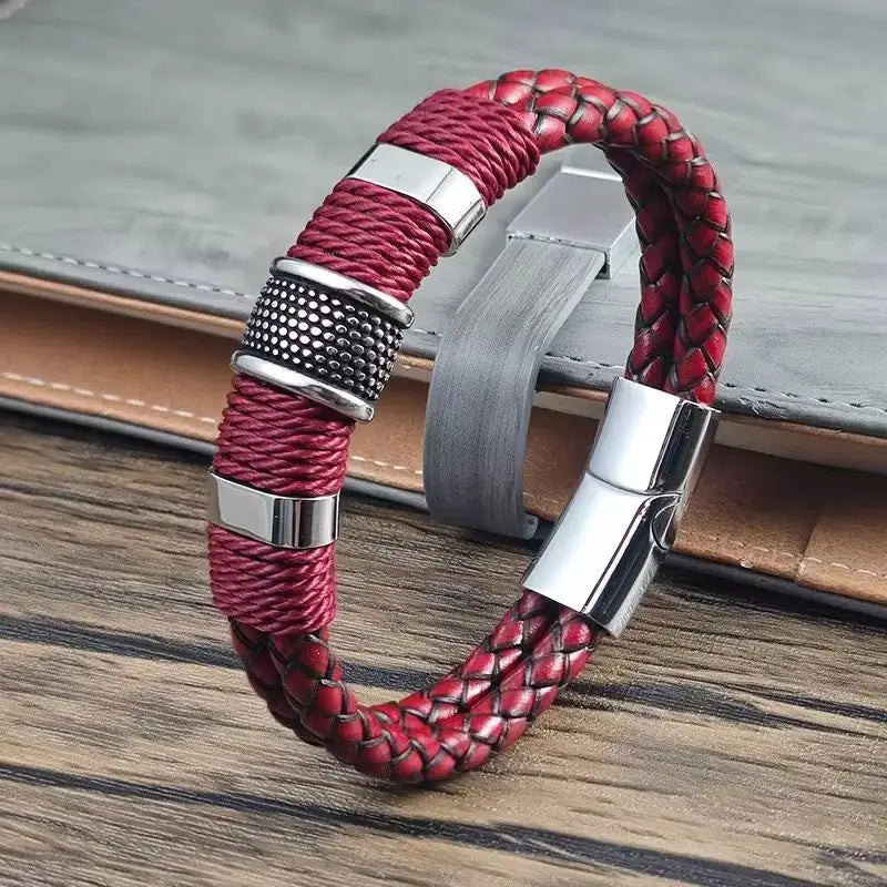 Men Bracelet High Quality Stainless Steel Red Braided Leather Wristband with Beads Magnetic Clasp Punk Jewelry Gift for Him
