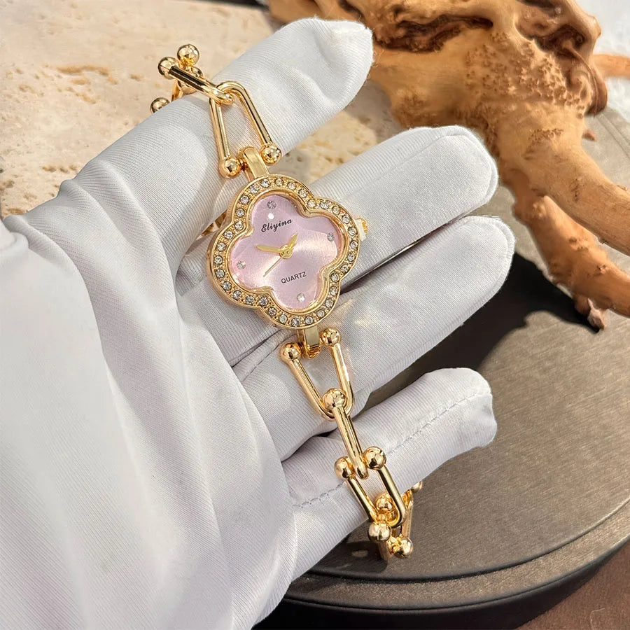 Lucky Four-Leaf Clover Design Watches for Women, Featuring Gold Chains and Gem - Studded Bezels