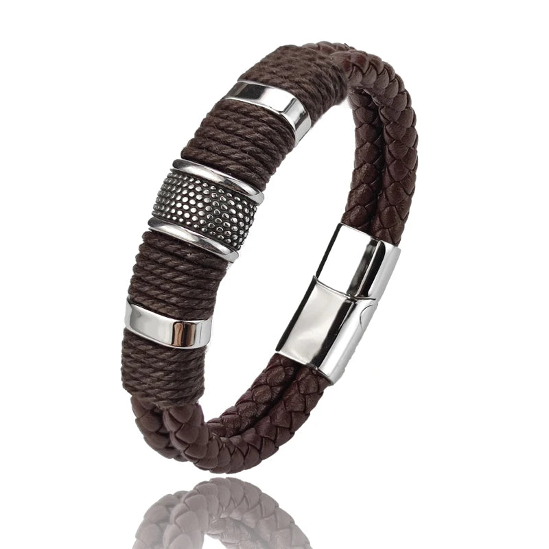 Men Bracelet High Quality Stainless Steel Red Braided Leather Wristband with Beads Magnetic Clasp Punk Jewelry Gift for Him
