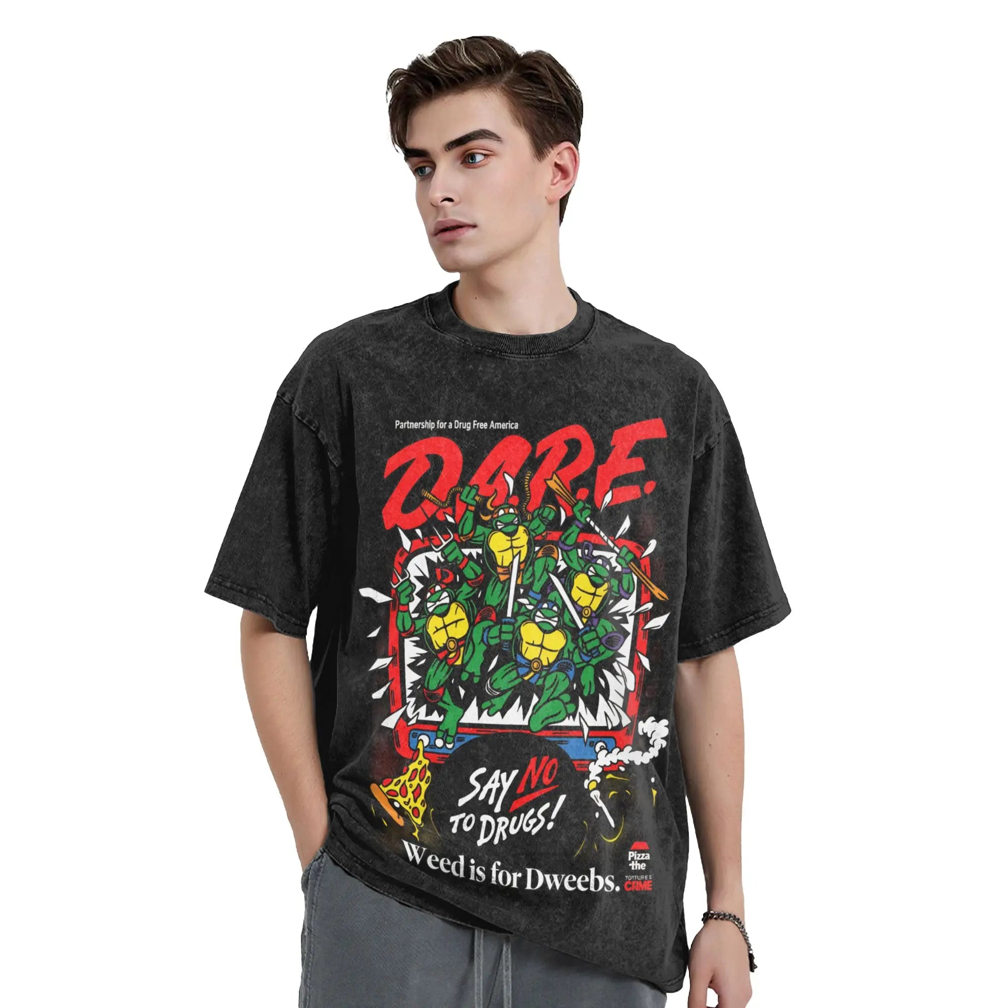 Streetwear Washed T-Shirt TMNT D.A.R.E. Just Say No Cotton T-Shirts  Hipster Tshirt for Men Summer Awesome Casual Tops