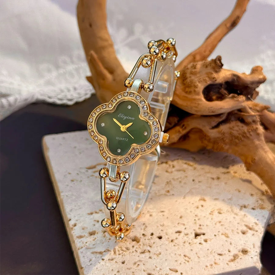 Lucky Four-Leaf Clover Design Watches for Women, Featuring Gold Chains and Gem - Studded Bezels