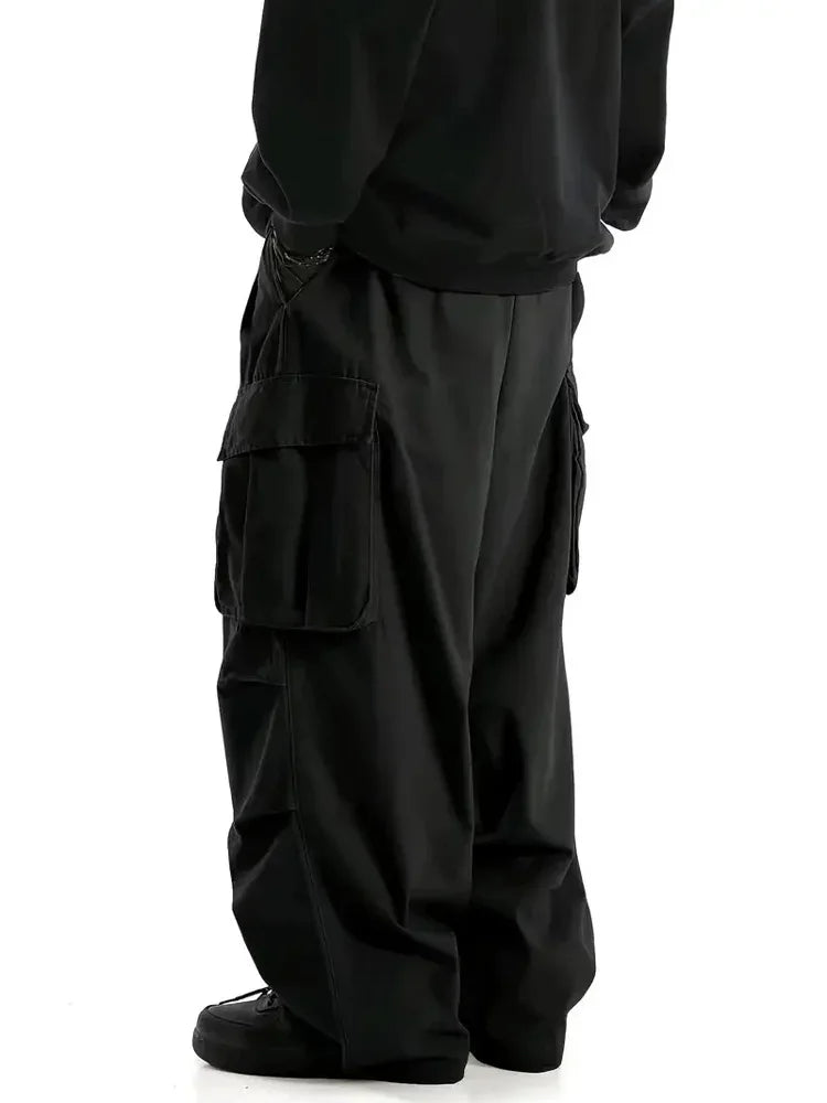 Streetwear Men's Workwear Wide Leg Pants Summer Autumn Loose High Street Black Cargo Trousers Men Vintage Multi-pocket Hooligan