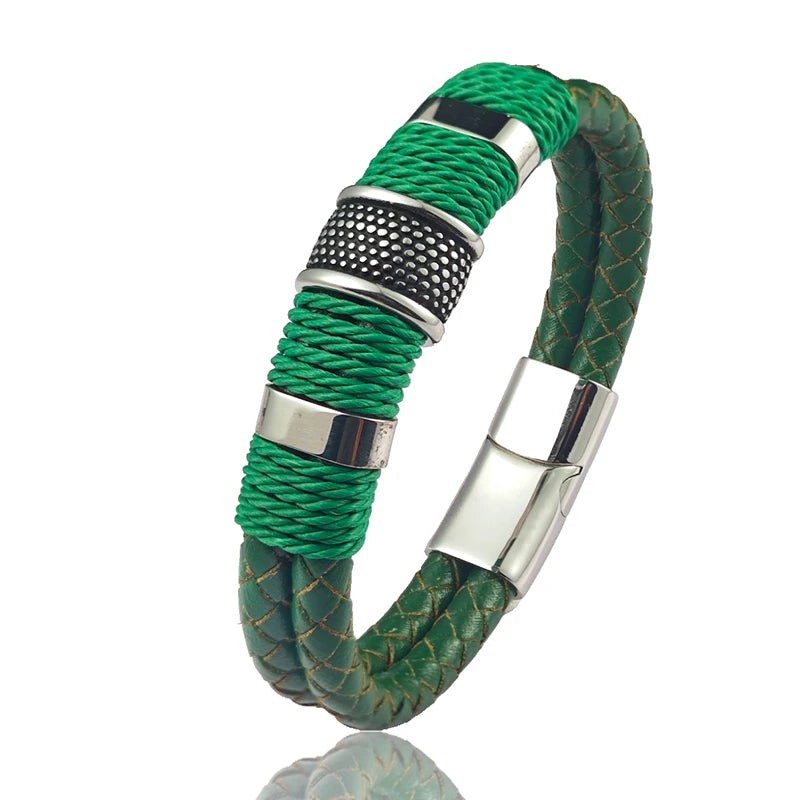 Men Bracelet High Quality Stainless Steel Red Braided Leather Wristband with Beads Magnetic Clasp Punk Jewelry Gift for Him