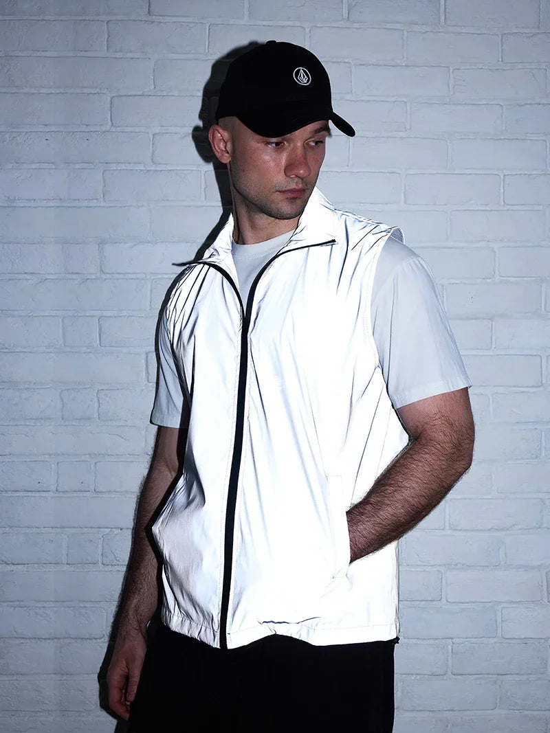 Hip-hop Streetwear Reflective Sleeveless Vest Men's Spring Summer Lightweight Stand Collar Night Running Dancing Outdoor Jacket