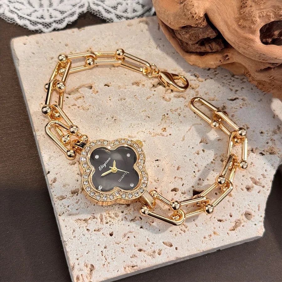 Lucky Four-Leaf Clover Design Watches for Women, Featuring Gold Chains and Gem - Studded Bezels