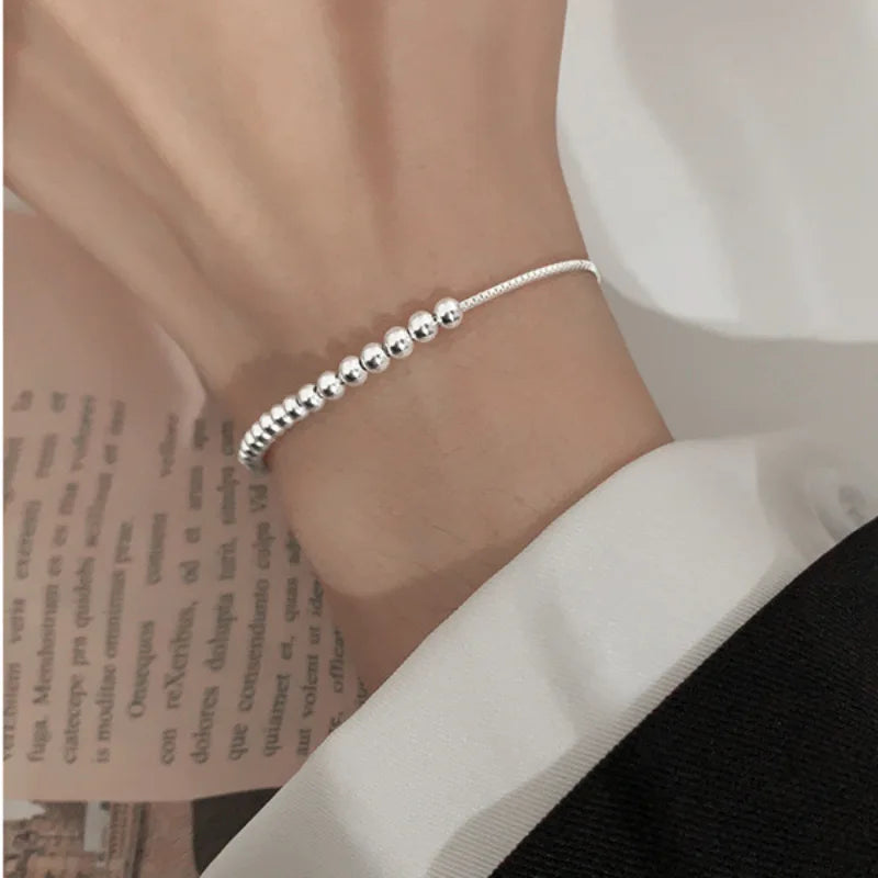 100% Solid 925 Sterling Silver Metal Bracelets for Women Men Beads Adjuatable Handmade Simple Bracelet Birthday Christmas Gift