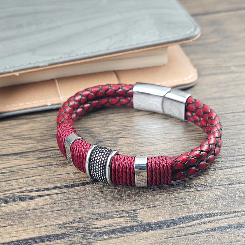 Men Bracelet High Quality Stainless Steel Red Braided Leather Wristband with Beads Magnetic Clasp Punk Jewelry Gift for Him