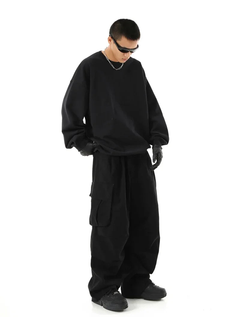 Streetwear Men's Workwear Wide Leg Pants Summer Autumn Loose High Street Black Cargo Trousers Men Vintage Multi-pocket Hooligan