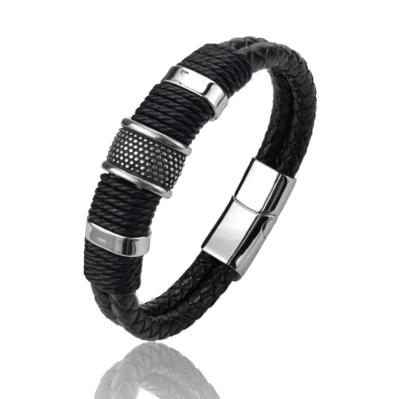 Men Bracelet High Quality Stainless Steel Red Braided Leather Wristband with Beads Magnetic Clasp Punk Jewelry Gift for Him