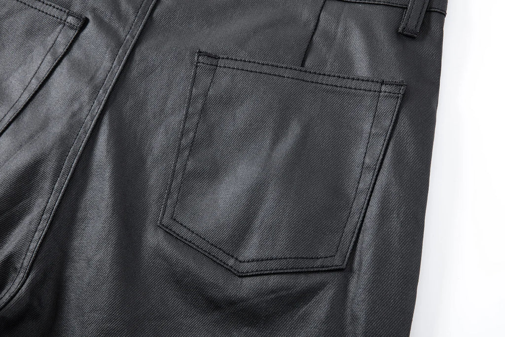 2026 Streetwear Fashion Tapered Leather Trousers Black Men American Brush Wax Coating Micro Elastic Slim Fit Straight Leg Pants