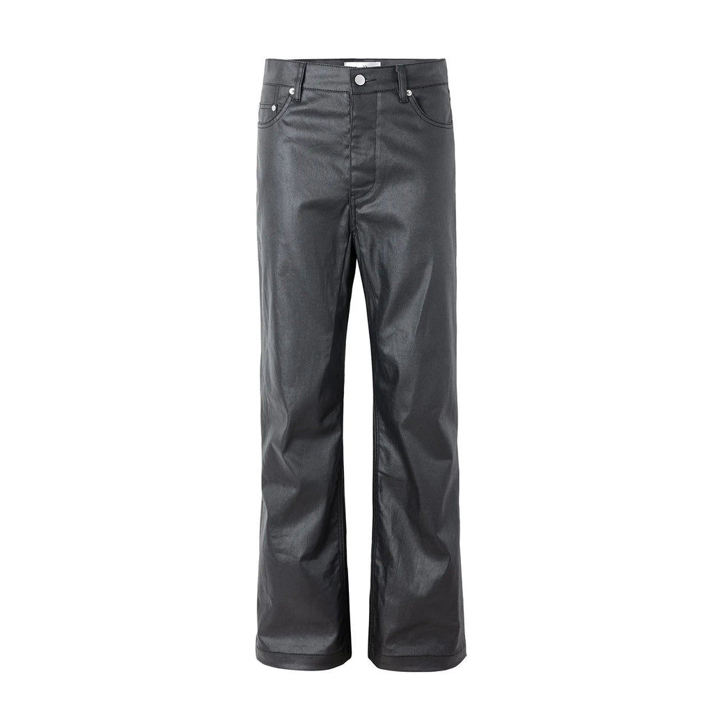 2026 Streetwear Fashion Tapered Leather Trousers Black Men American Brush Wax Coating Micro Elastic Slim Fit Straight Leg Pants
