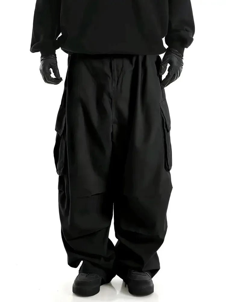 Streetwear Men's Workwear Wide Leg Pants Summer Autumn Loose High Street Black Cargo Trousers Men Vintage Multi-pocket Hooligan