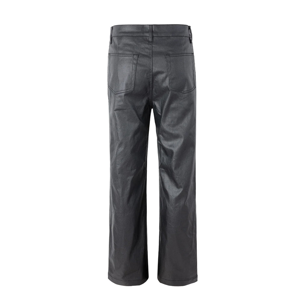 2026 Streetwear Fashion Tapered Leather Trousers Black Men American Brush Wax Coating Micro Elastic Slim Fit Straight Leg Pants