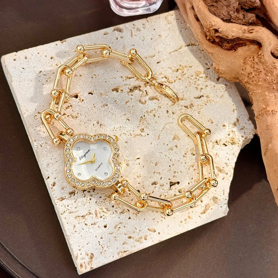 Lucky Four-Leaf Clover Design Watches for Women, Featuring Gold Chains and Gem - Studded Bezels