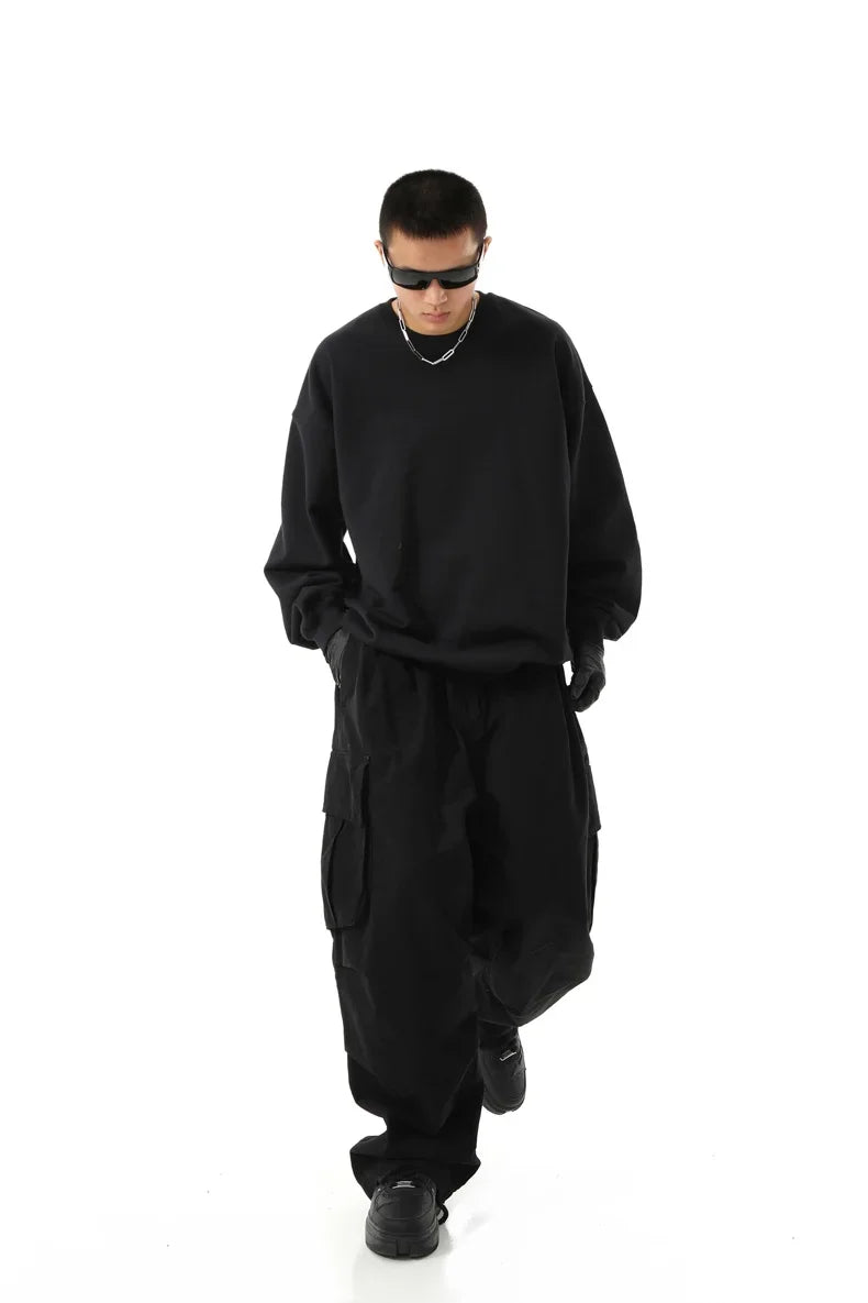 Streetwear Men's Workwear Wide Leg Pants Summer Autumn Loose High Street Black Cargo Trousers Men Vintage Multi-pocket Hooligan