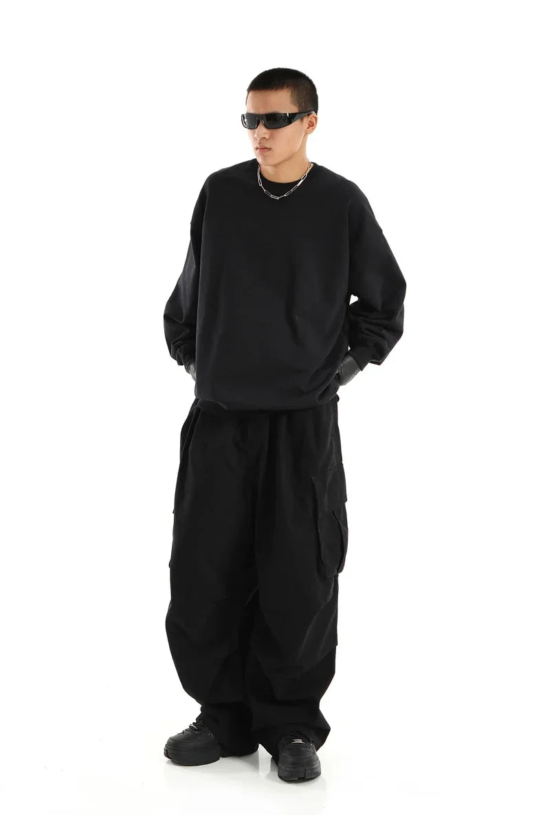 Streetwear Men's Workwear Wide Leg Pants Summer Autumn Loose High Street Black Cargo Trousers Men Vintage Multi-pocket Hooligan