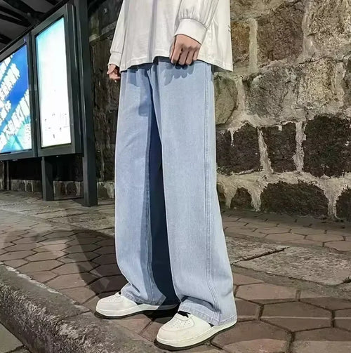 2025 New Streetwear Loose Jeans Men Korean Style Fashion Loose Straight Wide Leg Pants Men's Brand Clothing Black Light Blue