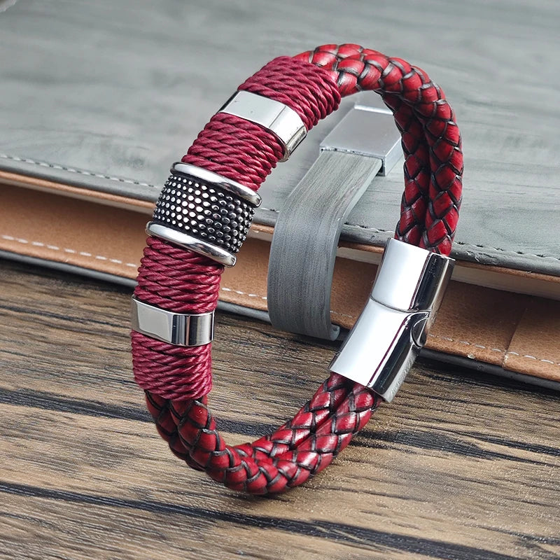 Men Bracelet High Quality Stainless Steel Red Braided Leather Wristband with Beads Magnetic Clasp Punk Jewelry Gift for Him