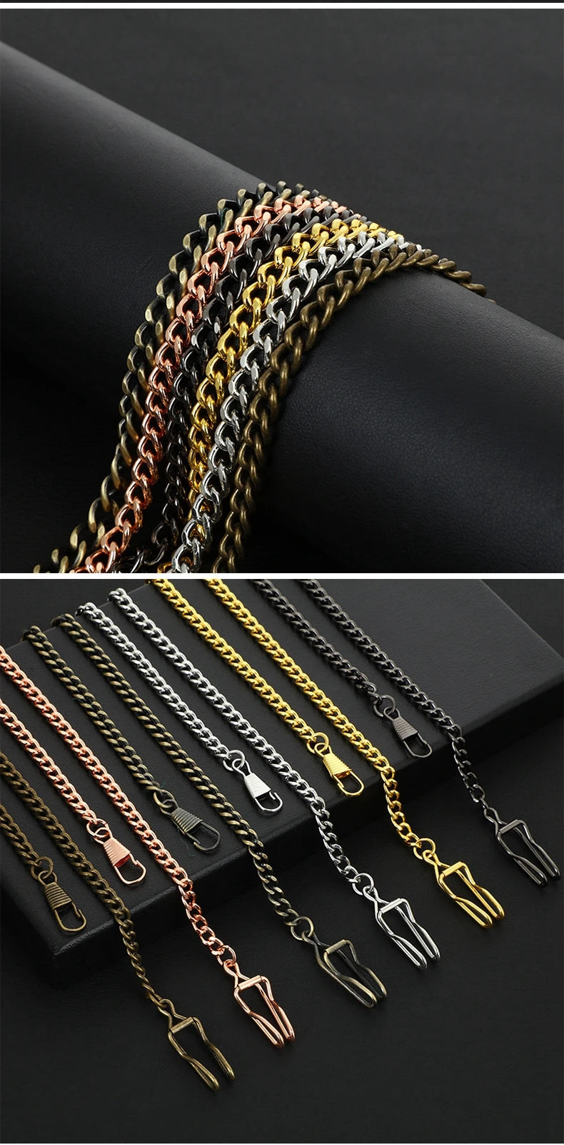 Silver Stainless Steel Watch Chains Black Gold Bronze Classic Chains Watches Accessories for Pocket Watches Mens Gift