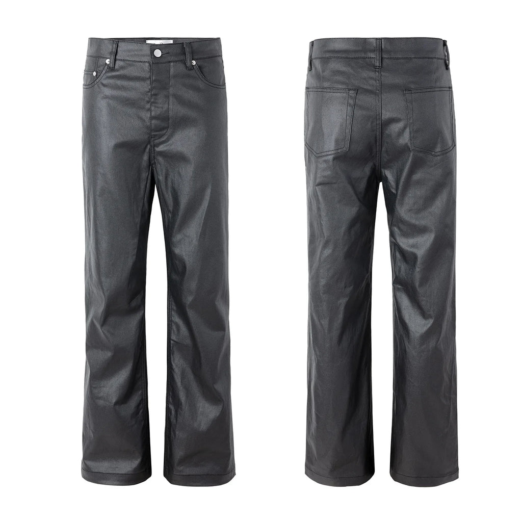 2026 Streetwear Fashion Tapered Leather Trousers Black Men American Brush Wax Coating Micro Elastic Slim Fit Straight Leg Pants