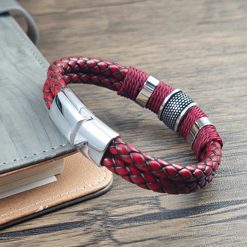 Men Bracelet High Quality Stainless Steel Red Braided Leather Wristband with Beads Magnetic Clasp Punk Jewelry Gift for Him