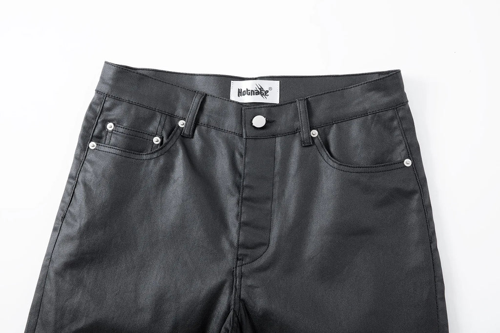 2026 Streetwear Fashion Tapered Leather Trousers Black Men American Brush Wax Coating Micro Elastic Slim Fit Straight Leg Pants