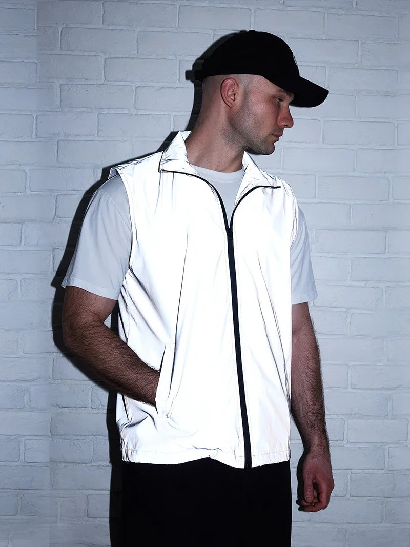 Hip-hop Streetwear Reflective Sleeveless Vest Men's Spring Summer Lightweight Stand Collar Night Running Dancing Outdoor Jacket